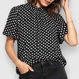 Rose + Olive Black & White Polka Dot Chiffon Top